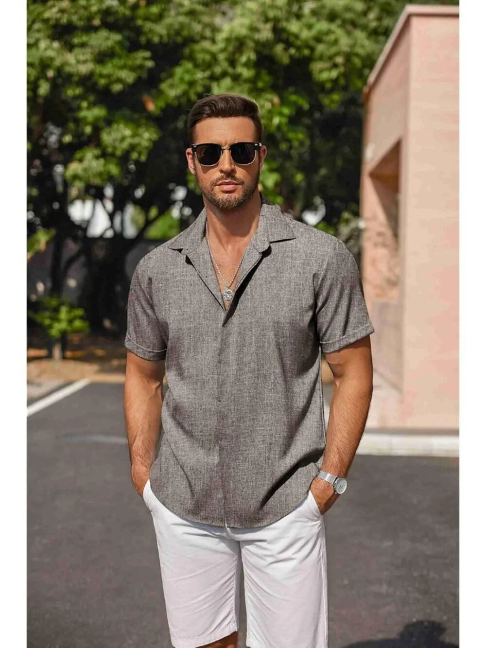 Men's Brown Classic Beach Linen Short Sleeve Summer Casual Imported Shirt